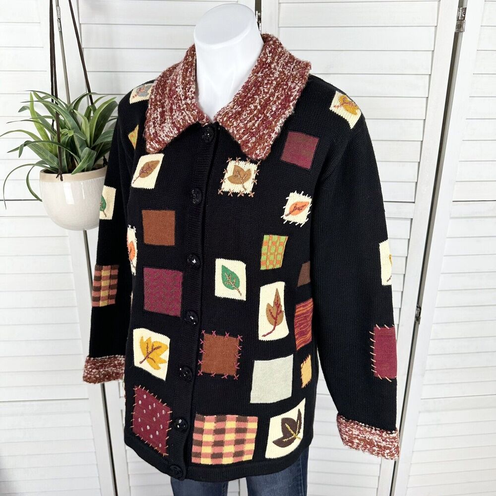 Storybook Knits Fall Autumn Leaf Patch Knit Cardigan Sweater Embellished‎ Size M